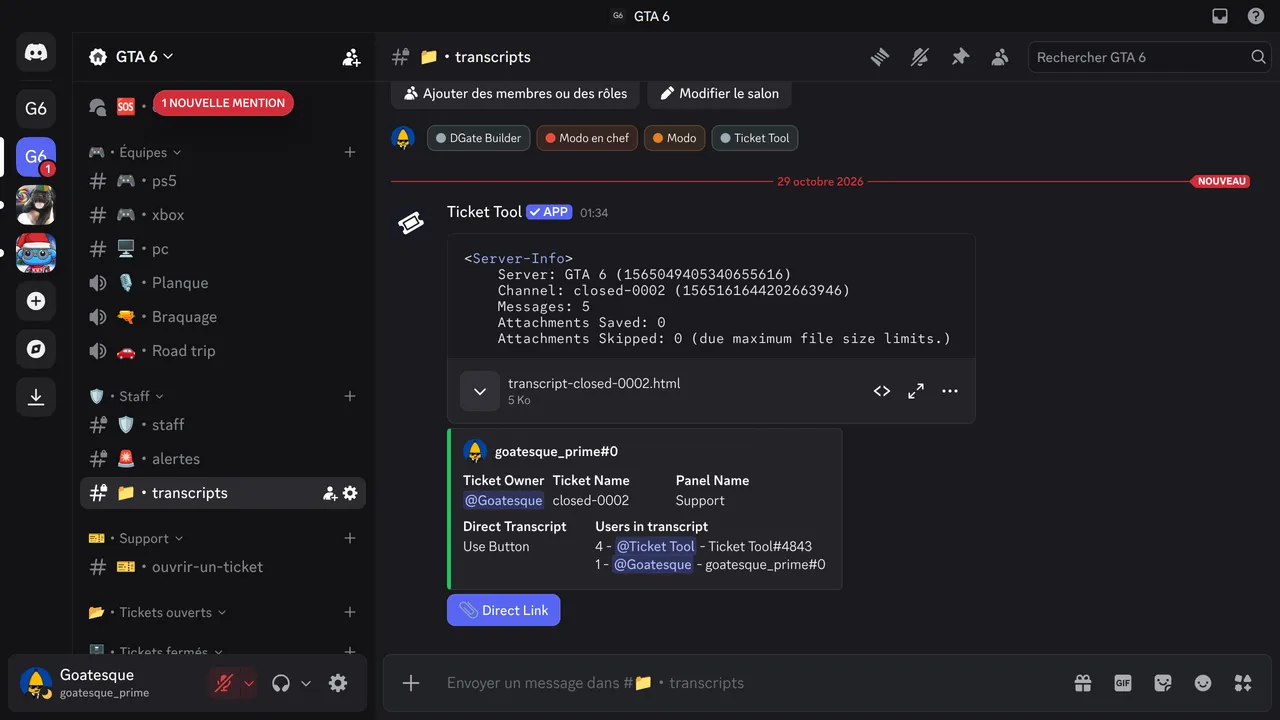 La sauvegarde d'un ticket dans #transcripts : le fichier HTML, le résumé du ticket et le bouton Direct Link