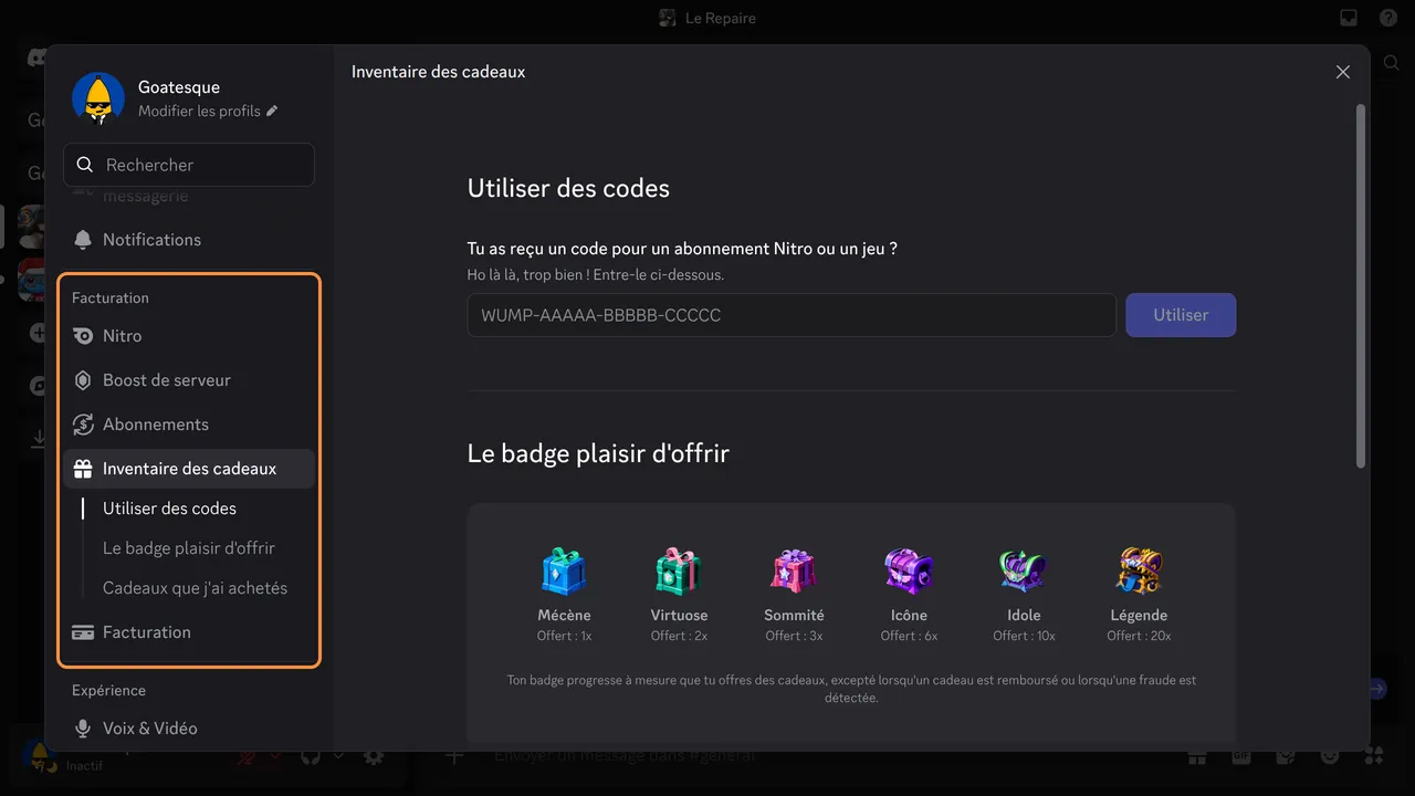 L'Inventaire des cadeaux dans les Paramètres utilisateur, où entrer un code cadeau Nitro