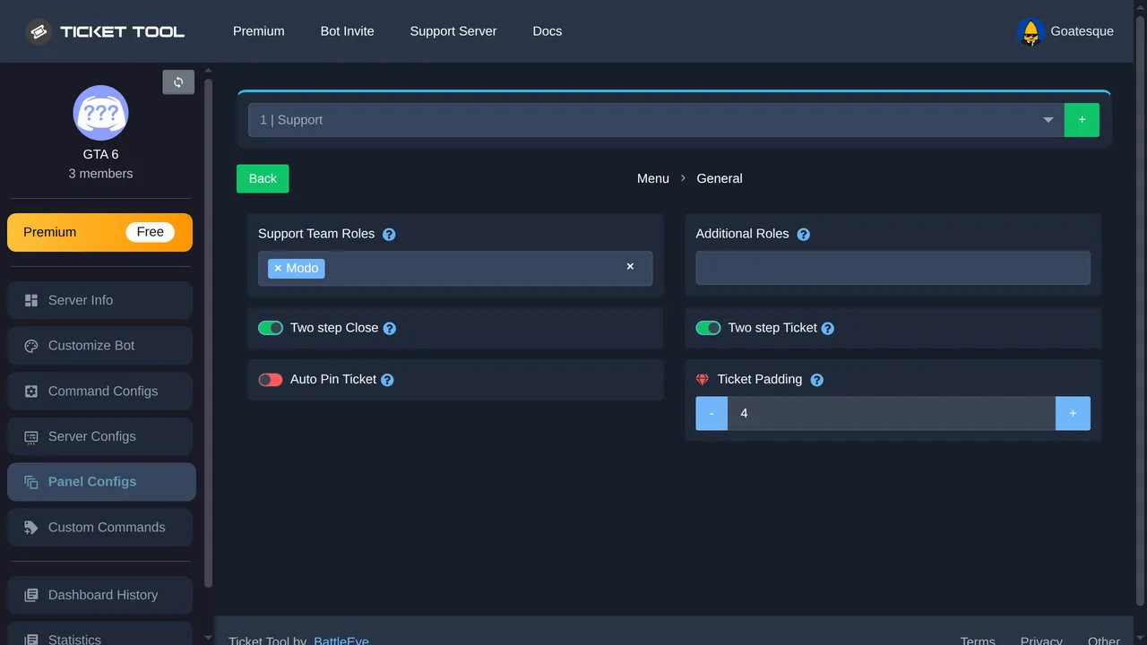 Les options General du panel : le rôle Modo dans Support Team Roles, Two step Close et Two step Ticket activés