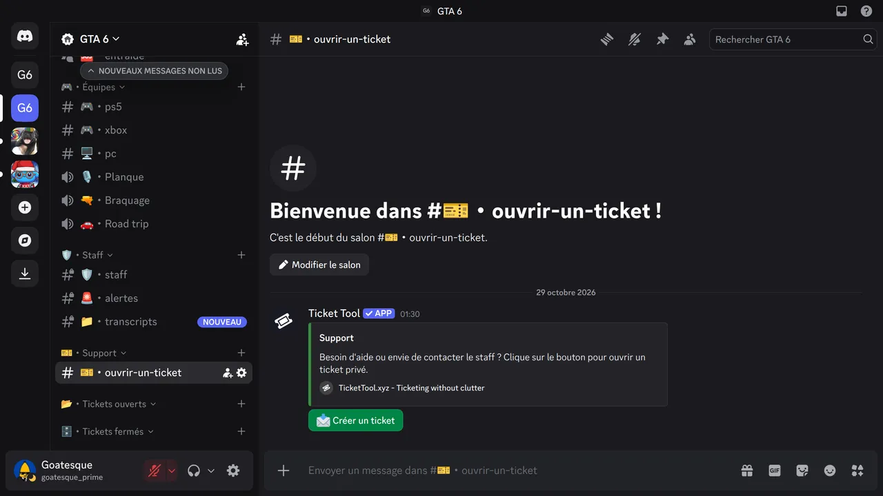 Le message du panel dans #ouvrir-un-ticket, en français, avec le bouton vert Créer un ticket