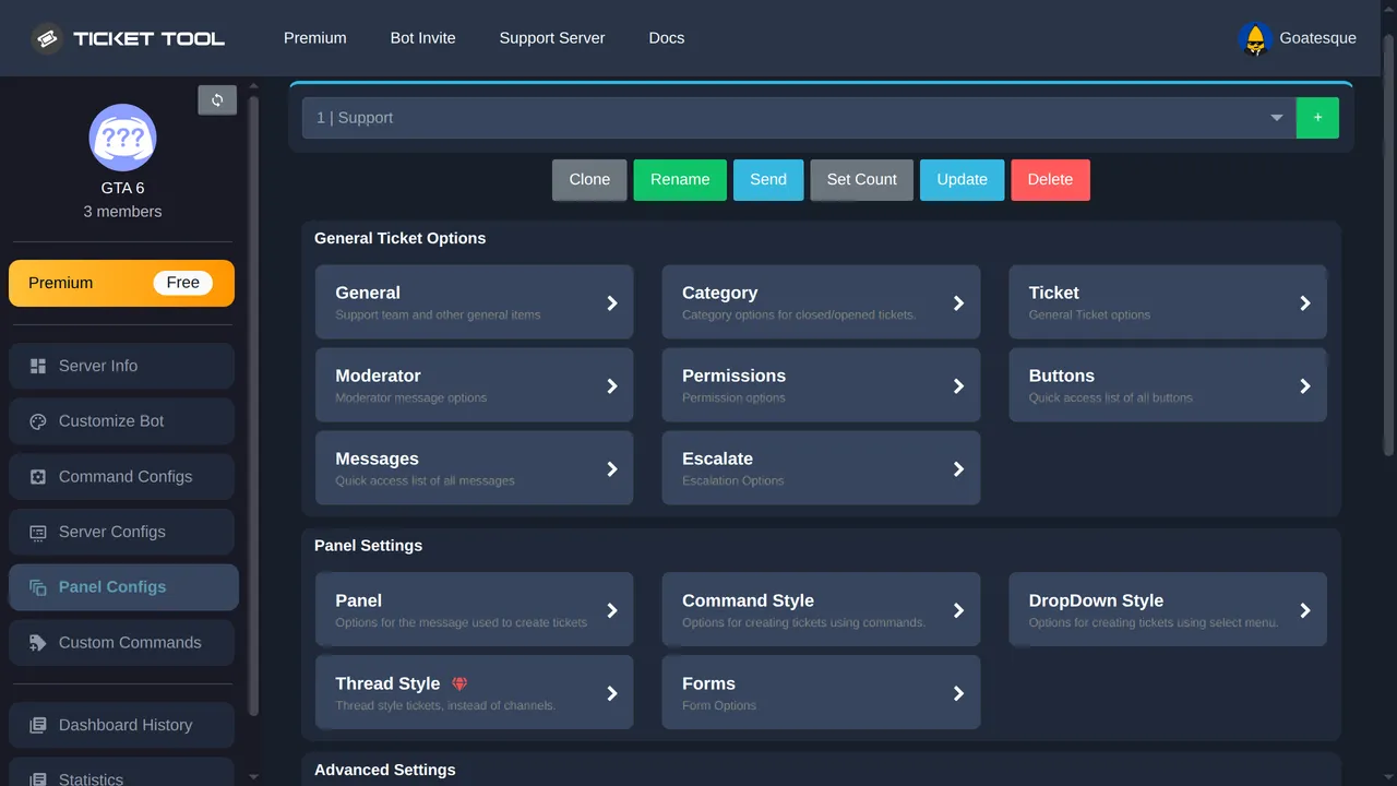 Le tableau de bord de Ticket Tool sur Panel Configs, avec le panel Support et ses options General, Category, Ticket, Buttons et Panel